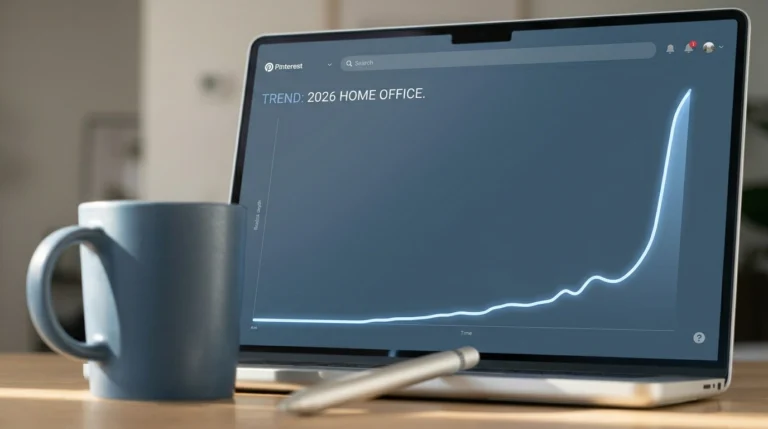 A silver laptop showing a Pinterest Trends graph on a white oak desk, illustrating Pinterest trends for 2026.