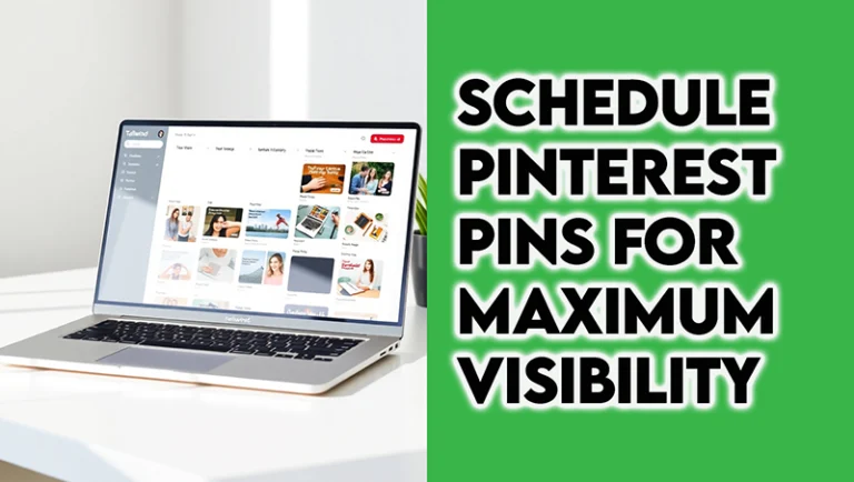 Laptop screen showing Tailwind dashboard with calendar view for scheduling Pinterest pins