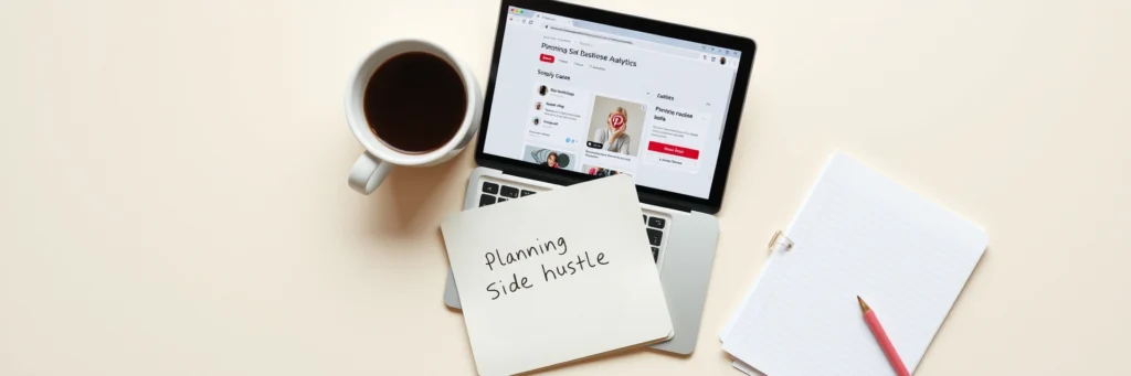Flat Lay of Female Side Hustler’s Workspace with Blog Planning Tools and Pinterest Open