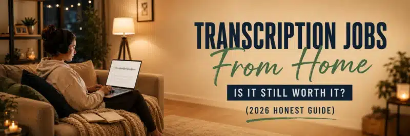 A woman in her thirties wearing headphones and typing on a laptop from her sofa, showing transcription jobs from home in 2026