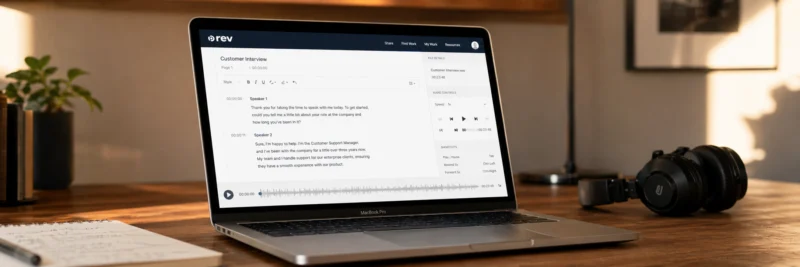 Laptop on a warm walnut home office desk displaying the Rev transcription editor with an audio waveform and transcript text as an introduction to transcription jobs from home