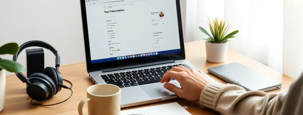 Beginner Working on Transcription Jobs at a Cozy Home Office for a Transcription Side Hustle.