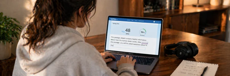 Woman in casual home working clothes at a warm walnut home office desk with laptop showing the Typing.com typing practice interface with WPM score visible as part of building a transcription side hustle