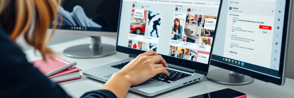 Woman-designing-pinterest-pin | Thesidehustler.blog Close-up of a Woman's hands creating a Pinterest pin in Canva on her laptop, with tools and Pinterest analytics on-screen in a clean modern workspace.