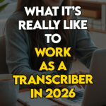 A woman working on a transcription file in a peaceful home setup.