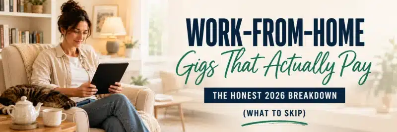 A man in his forties reading on a tablet in a cozy armchair, exploring the best work-from-home gigs for beginners in 2026