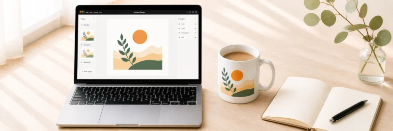 Canva for print on demand setup showing a design canvas on a laptop beside a finished printed mug and notebook on a light wood desk