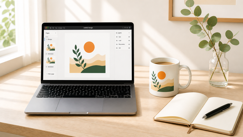 Canva for print on demand setup showing a design canvas on a laptop beside a finished printed mug and notebook on a light wood desk