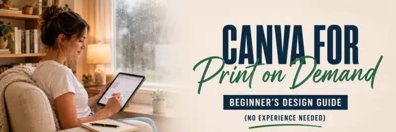 Woman designing print on demand products using Canva on a tablet