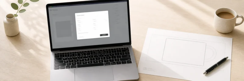 Setting up Canva for print on demand showing a custom canvas size screen on a laptop beside a printed product template with a pen on a clean surface