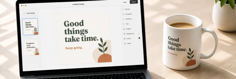 Designing for print on demand in Canva showing a simple typographic design on a laptop screen beside a finished printed ceramic mug