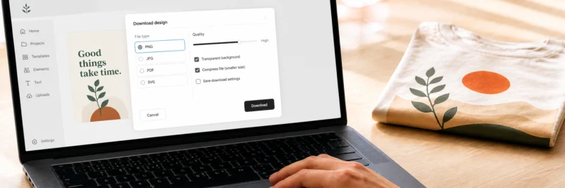 Exporting a Canva design for print on demand showing export settings on a laptop screen with a printed t-shirt product in the background