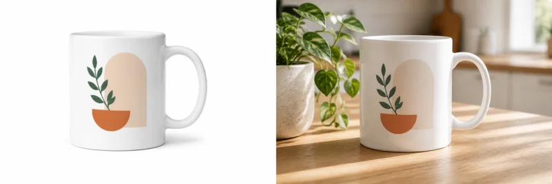 Print on demand mockup comparison showing a flat white background product render on the left versus a warm lifestyle mockup on the right for an Etsy listing