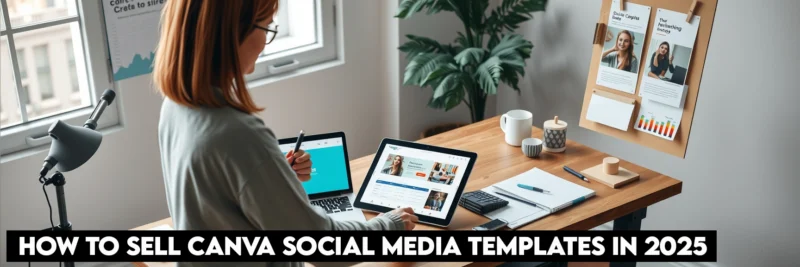 Canva-template-business-workspace | Thesidehustler.blog Woman Creating Social Media Templates with Canva in Multi-device Workspace with Analytics