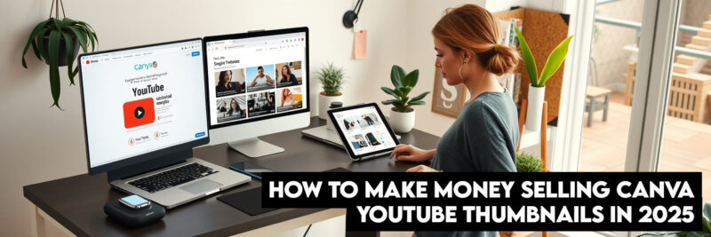 Woman Creating Youtube Thumbnails with Canva in Multi-device Workspace with Analytics
