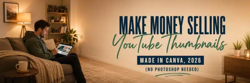 A man in his late twenties designing on a tablet from a sofa, showing how to make money selling Canva YouTube thumbnails in 2026
