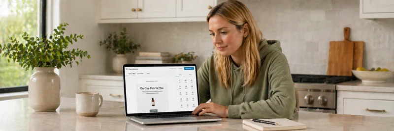 Woman at kitchen island writing an email with a product recommendation as part of email list monetization strategies