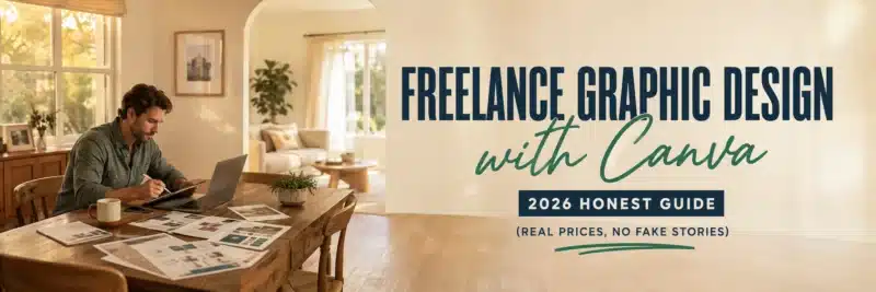 Man planning freelance graphic design work with Canva at a home desk