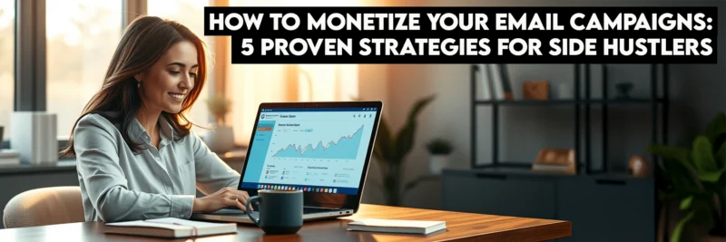 Monetize-email-campaigns-successful-woman-dashboard | Thesidehustler.blog a Confident Woman Reviewing the Successful Results of Her Monetized Email Campaign on a Marketing Dashboard.