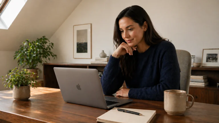 Laptop on a home office desk displaying an email dashboard with clicks and revenue from monetizing an email list