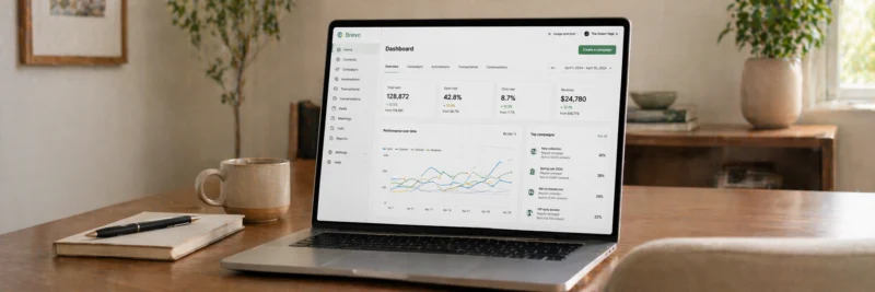 Laptop displaying an email marketing dashboard with clicks and revenue from monetizing an email list