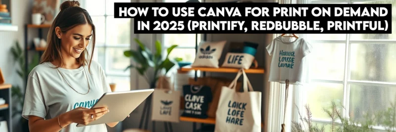 Print-on-demand-product-samples | Thesidehustler.blog Woman Reviewing Print-on-demand Product Samples with Canva Mockups on Tablet