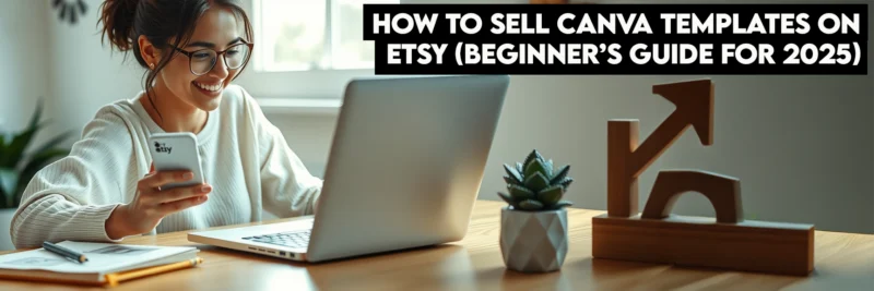 a Creative Woman Celebrating a Sale on Her Etsy Shop for Canva Templates, Showcasing the Success of a Digital Product Side Hustle.