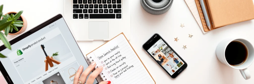 Flatlay of Shopify Setup Tools Including Laptop, Checklist, Smartphone and Coffee on a Clean Workspace.