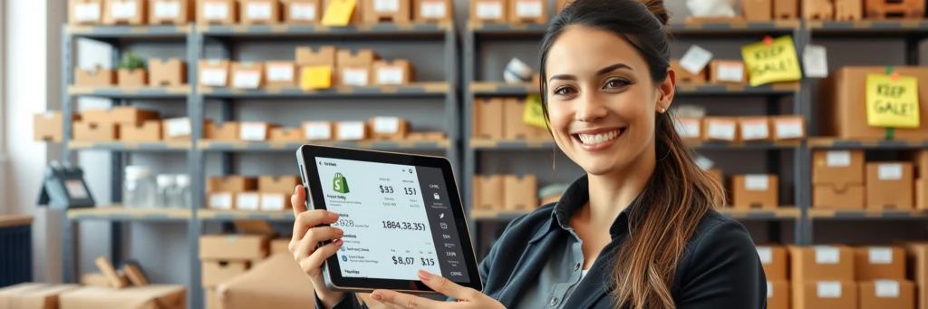 Young Woman Celebrating First Online Sales from Her Shopify Store in a Modern, Organized Workspace.