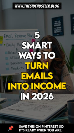 A remote worker earning a flexible income from a beautiful balcony with a mountain view. Email strategist outlining multiple ways to generate income from subscribers.