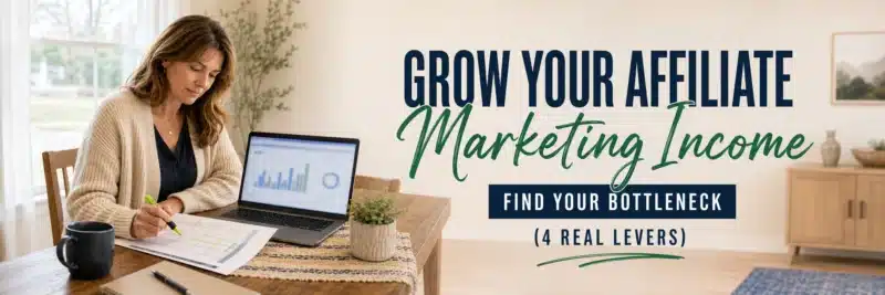 A woman in her forties reviewing analytics at a dining table, illustrating how to grow affiliate marketing income by finding the right lever