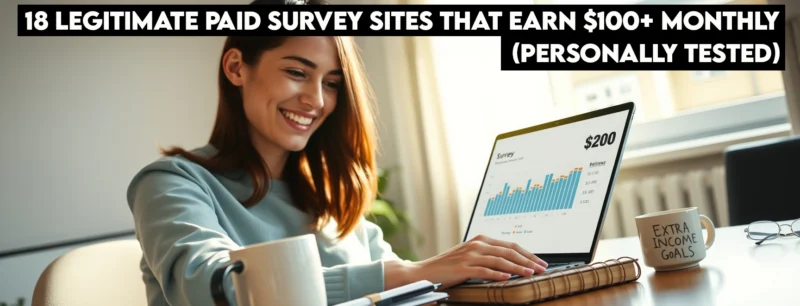 Person Viewing 0 Survey Earnings on Laptop in Home Office with Financial Goals Notebook