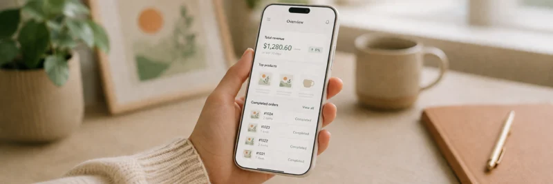 Person holding a phone showing a print on demand sales dashboard with completed orders and revenue figures