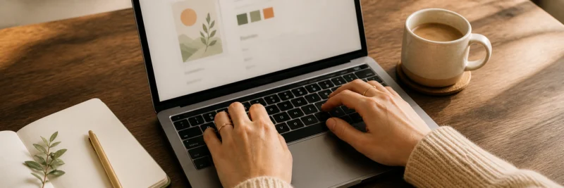 Person comparing print on demand platforms on a laptop with a coffee and notebook beside them
