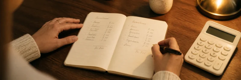 Person comparing print on demand platform costs in a notebook with a calculator — Printify vs Printful pricing