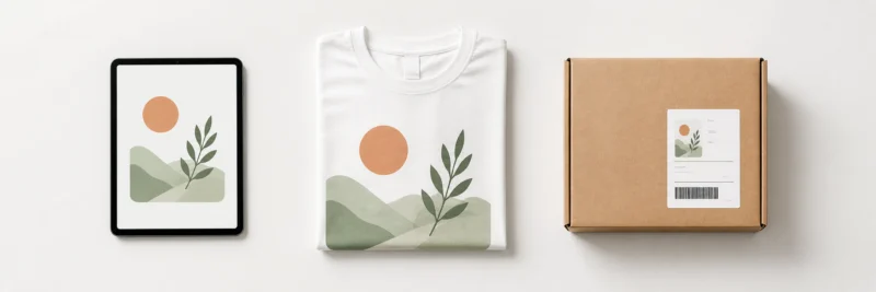 Print on demand process showing a tablet with a design, a finished printed t-shirt, and a shipping box ready to send