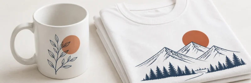 Print on demand product quality comparison showing a ceramic mug and t-shirt with crisp printed designs