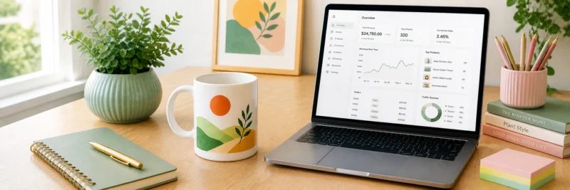 Print on demand side hustle setup showing a printed mug product beside a laptop on a clean home desk