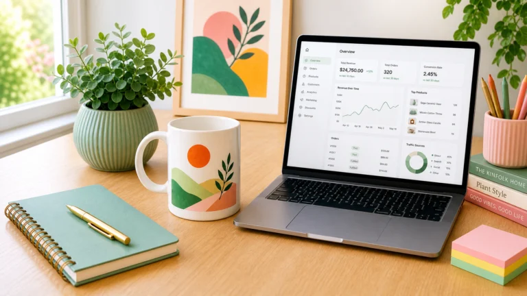 Print on demand side hustle setup showing a printed mug product beside a laptop on a clean home desk