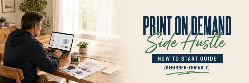 Man at a dining table workspace building his print on demand side hustle