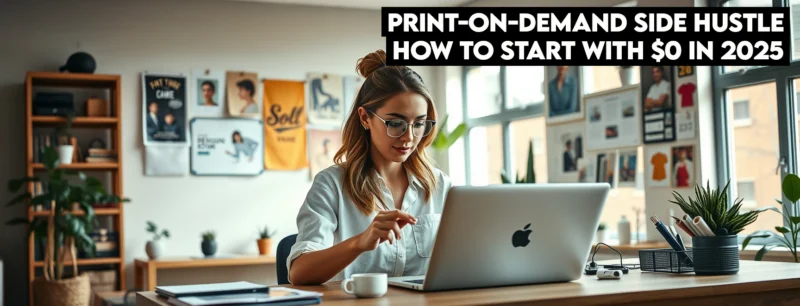Woman entrepreneur working on print-on-demand side hustle in home office with custom t-shirt, mug and phone case designs