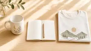 Printify vs Printful comparison showing two print on demand products side by side on a clean desk