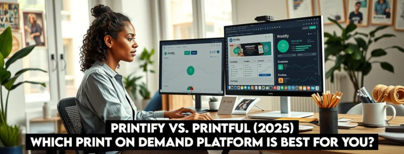 Woman comparing Printify and Printful platforms on dual monitors with sample products in home office