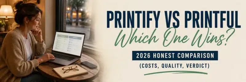 Woman comparing Printify vs Printful print on demand platforms