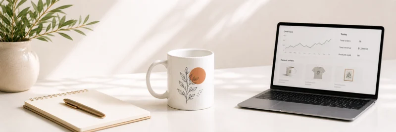 Print on demand platform decision — a mug product and laptop on a desk representing the Printify vs Printful verdict