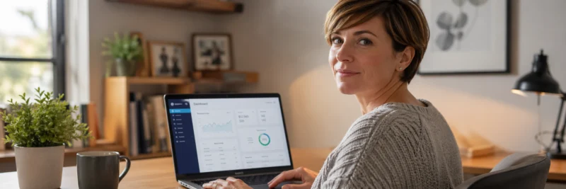 Woman at desk viewing a software dashboard as part of affiliate marketing programs for blogs