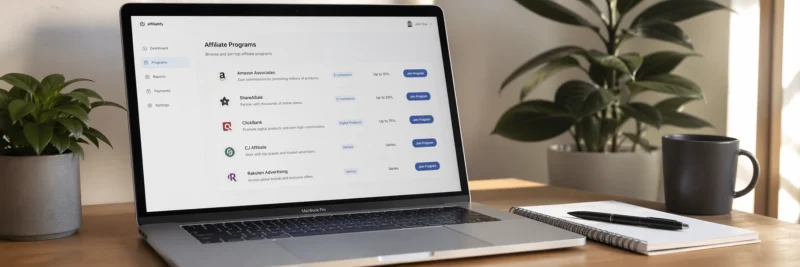 Laptop displaying a list of affiliate programs as part of affiliate programs for bloggers