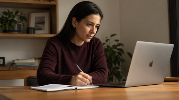 Woman at a desk using a laptop and notebook to research affiliate programs for a blog