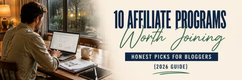 man reviewing affiliate programs for bloggers on a laptop at a home workspace