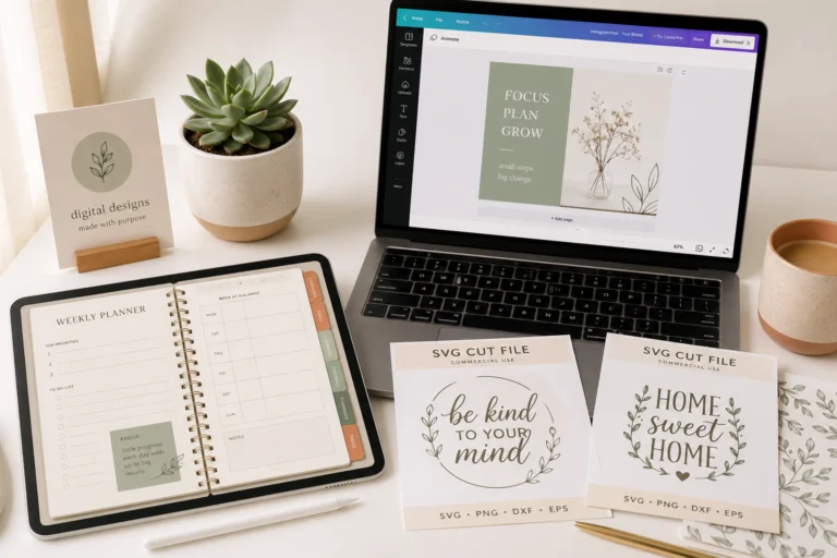 A collection of some of the best Etsy digital products beyond printables, including a digital weekly planner on a tablet and commercial use SVG cut files on a desk.